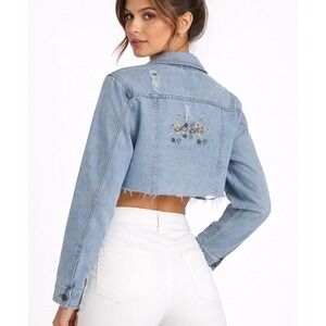 Embriodered Jean Jacket Size Sm Light Wash Mushrooms Button Up Y2k Goth Grunge